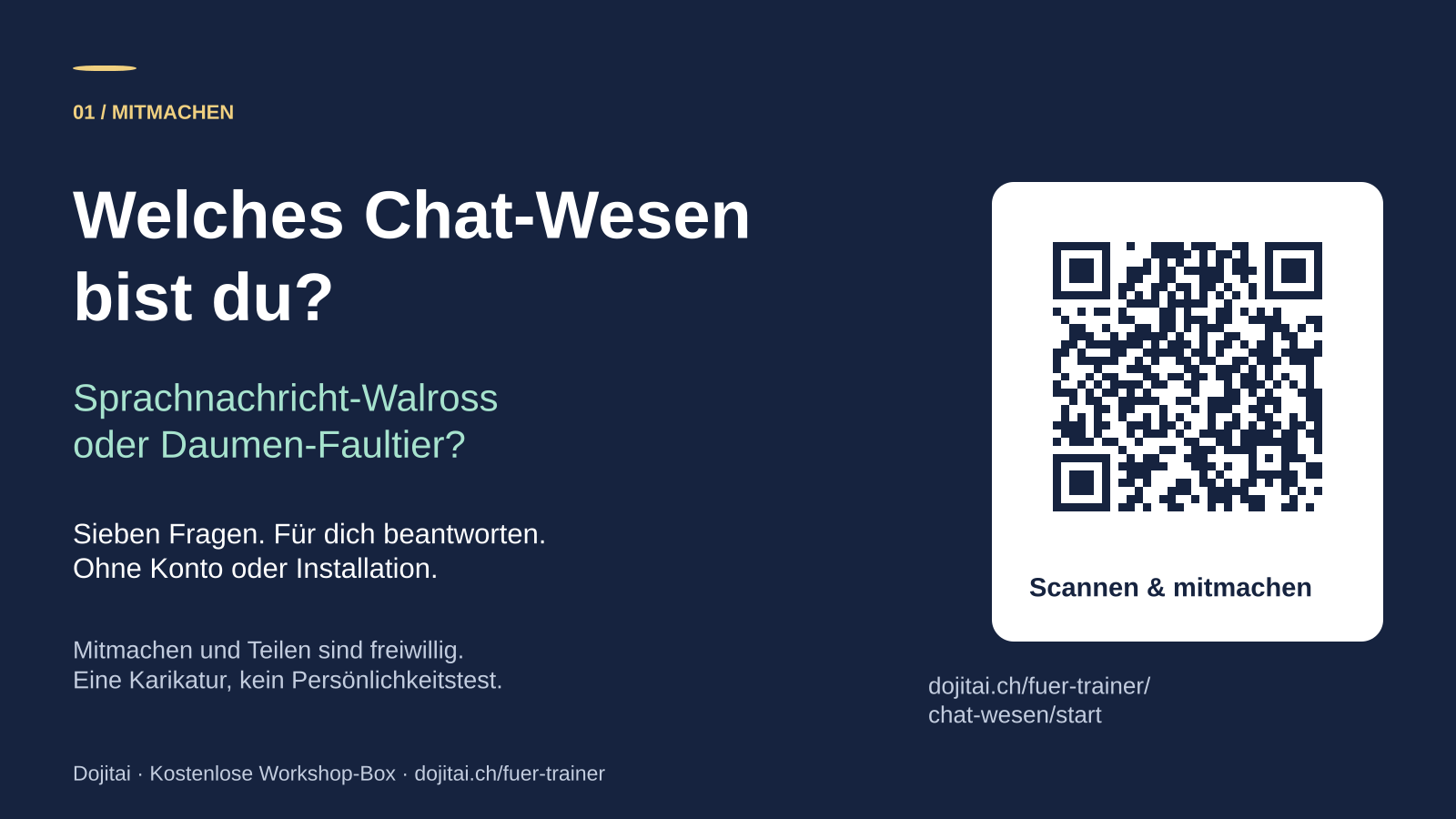 Einstiegsfolie: Welches Chat-Wesen bist du? Mit QR-Code zum Quiz.
